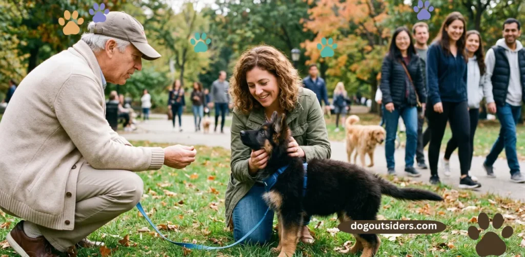 German Shepherd puppy being socialized outdoors meeting new people and environments