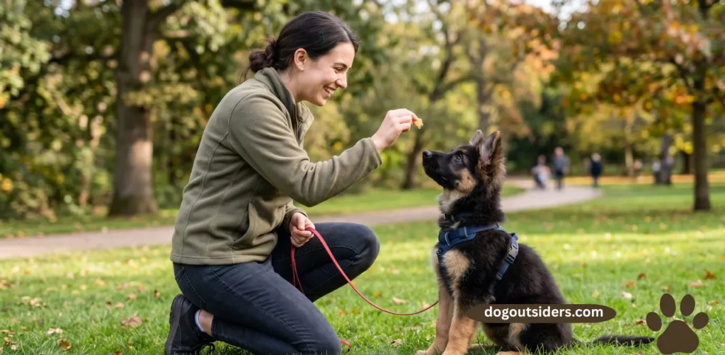 German Shepherd puppy learning sit command with owner during positive reinforcement session