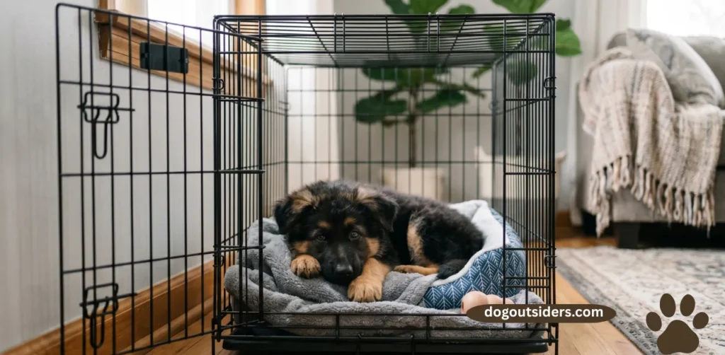 German Shepherd puppy resting calmly inside open crate during crate training process