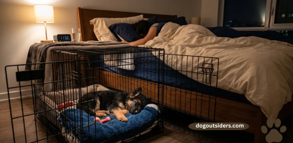 German Shepherd puppy sleeping in crate positioned near owner's bed at night