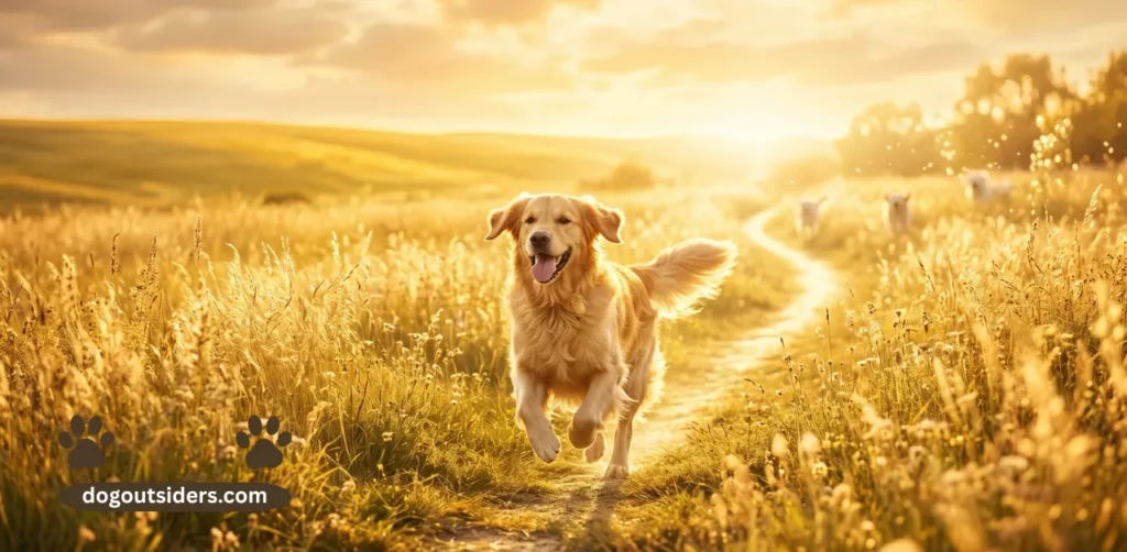 Golden dog running through golden light field representing where dogs go when they die