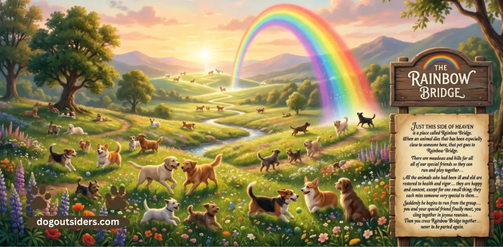 Illustration of rainbow bridge over peaceful meadow representing dog afterlife and rainbow bridge poem