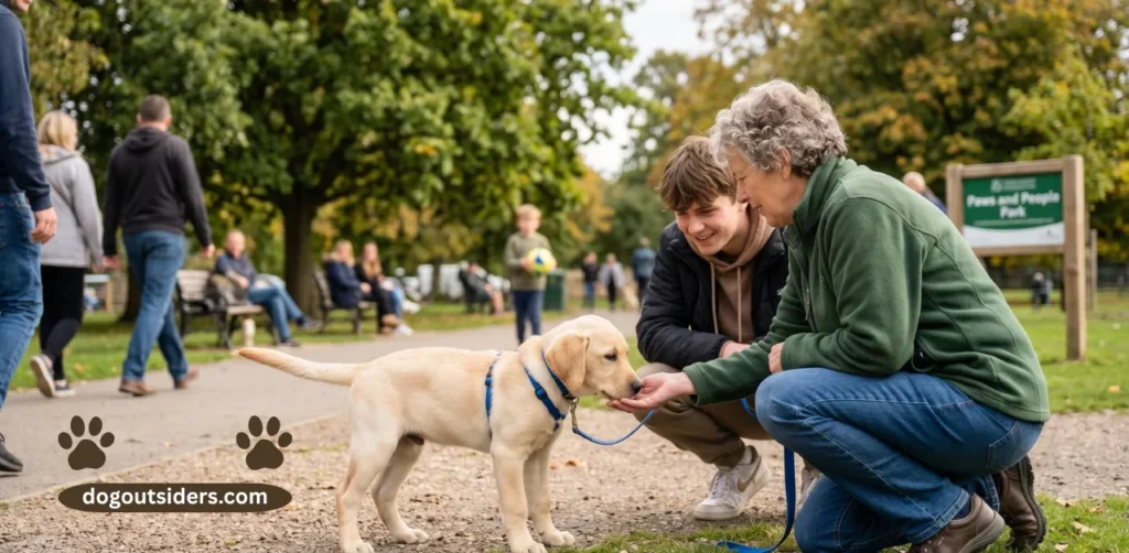 Labrador puppy being socialized outdoors meeting new people and environments during puppyhood