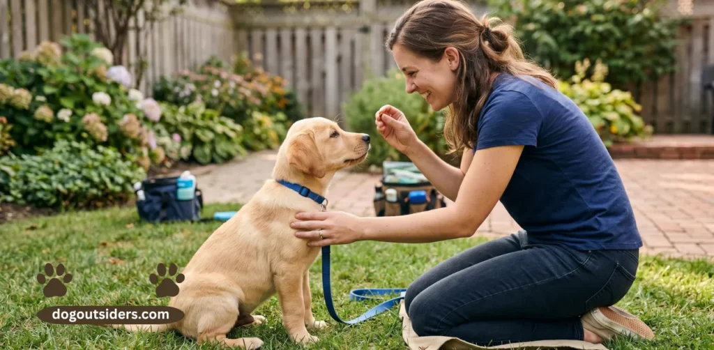 Labrador puppy making eye contact with owner during bonding and training session in backyard