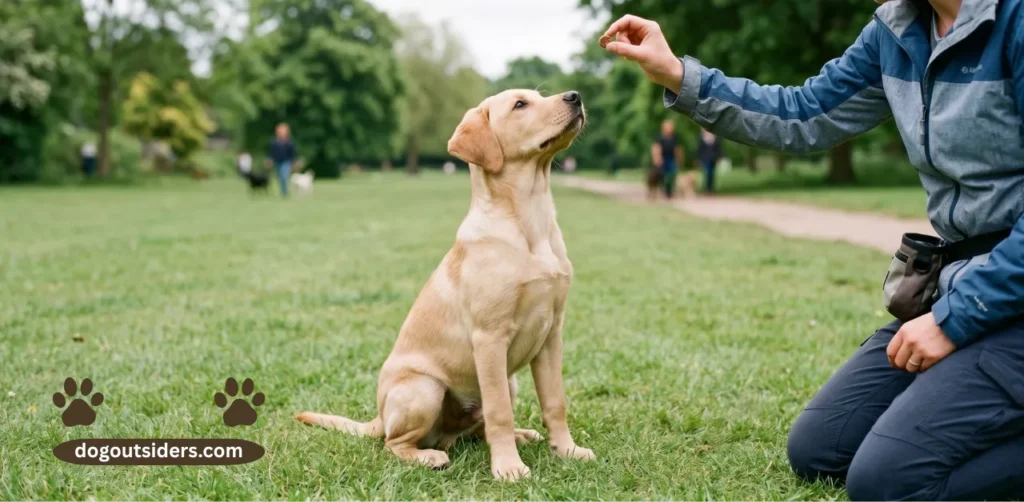 Labrador puppy sitting attentively during positive reinforcement training session with owner outdoors