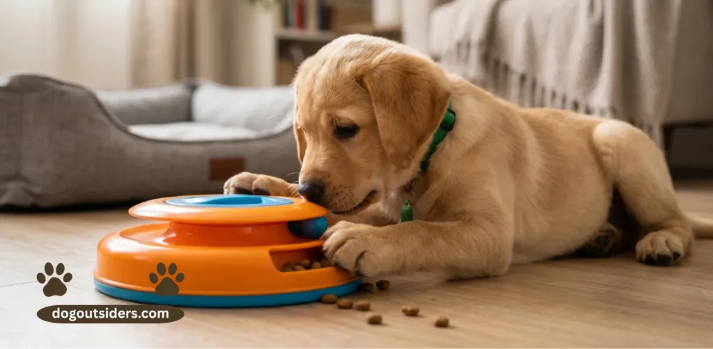 Labrador puppy solving puzzle feeder toy for mental stimulation and enrichment at home
