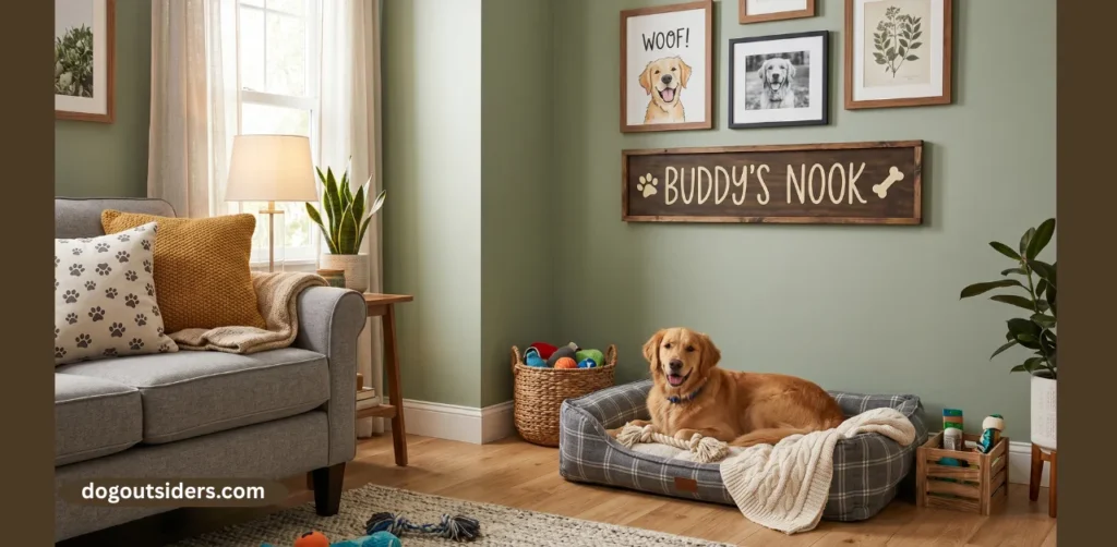 Living room dog nook with wall art and name sign
