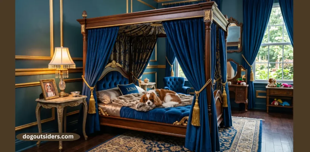 Luxury velvet dog bedroom with canopy frame