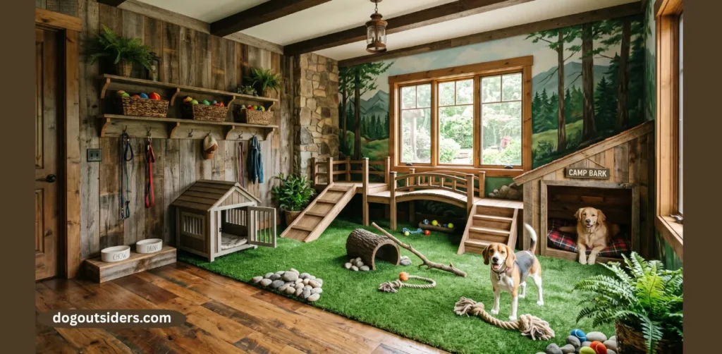 Outdoor-inspired indoor dog room with turf and wood
