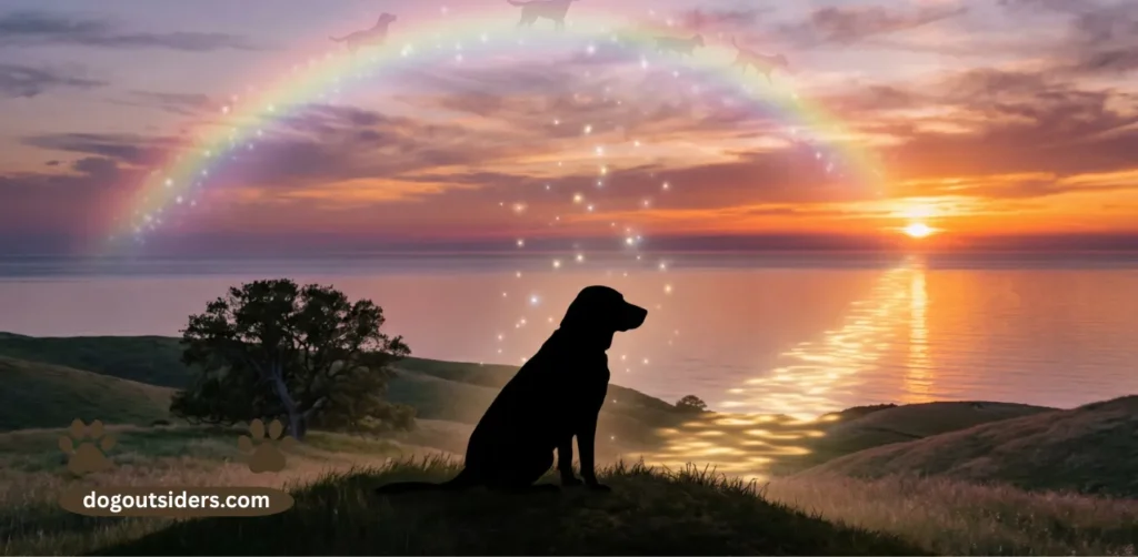 Peaceful sunset with silhouette of dog representing dog soul and afterlife across different beliefs