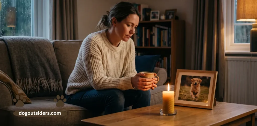 Person sitting quietly with dog photo and candle representing grief and comfort after dog death