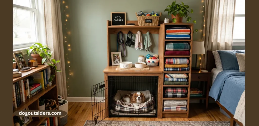 Shared bedroom dog station with crate and blanket tower