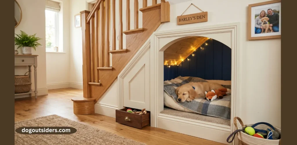 Under-stairs dog den with built-in bed