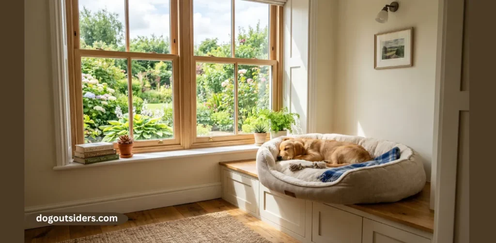 Window seat dog bed with natural light access
