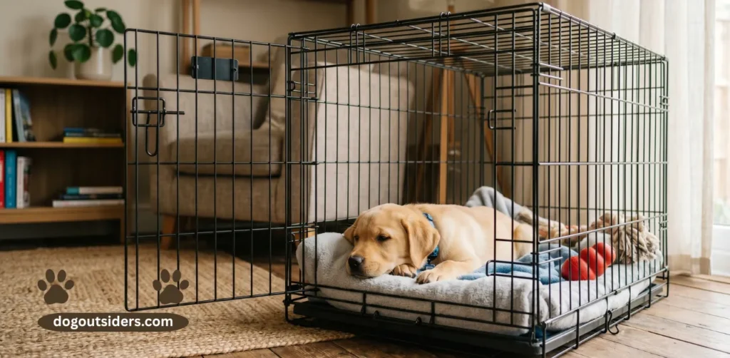 Yellow Labrador puppy resting calmly inside open crate during crate training at home